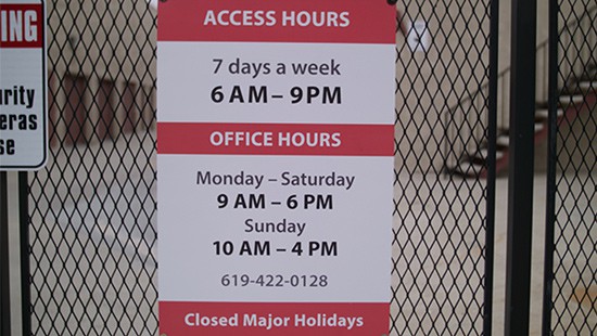 Hours of operation at Chula Vista self storage facility