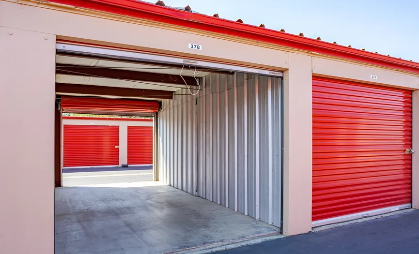 Interior view of ground level drive up storage units at Security Public Storage on Stockton Blvd serving Central Sacramento
