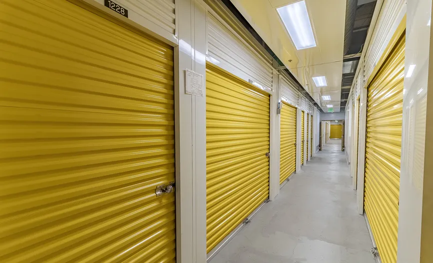 Hallway of climate controlled self storage units at Security Public Storage in the Bishop Ranch area of San Ramon