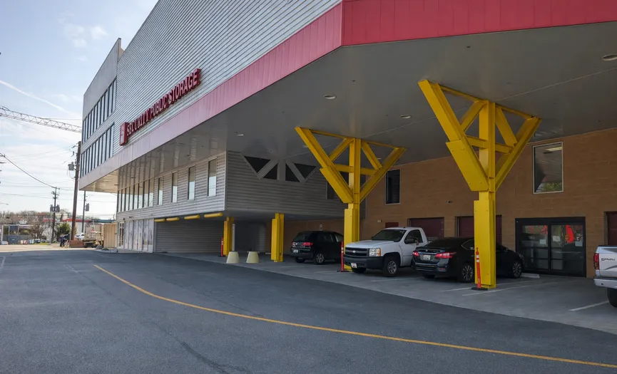 Covered customer parking at Security Public Storage in Bethesda MD, providing convenient access to secure storage units