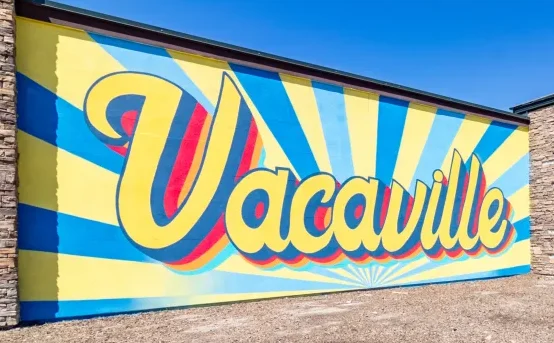 Vacaville mural prominently featuring the city name near Security Public Storage on E Monte Vista Ave in Vacaville, CA