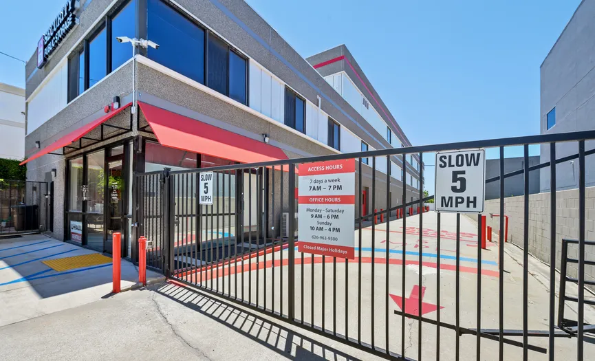 Electronic gate entrance at a secure storage facility in Glendora near Foothill Boulevard