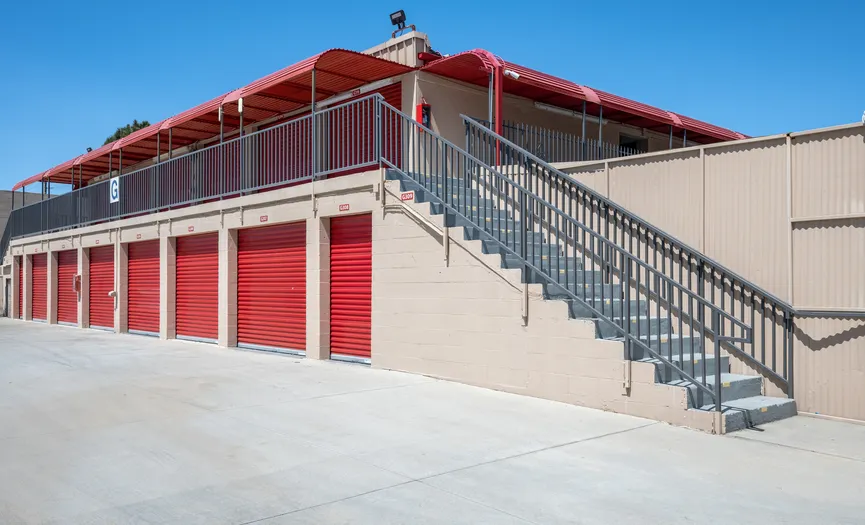 Outdoor ground floor storage units at a secure storage facility in Huntington Beach near Westminster
