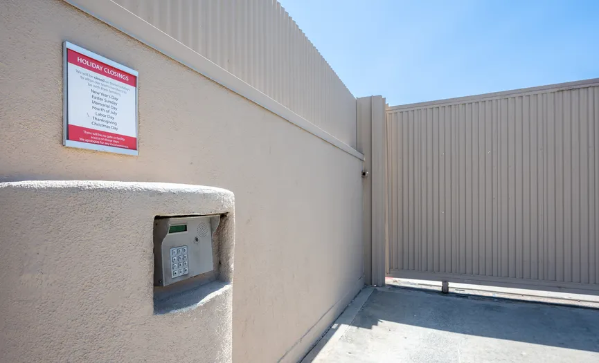 Electronic gate entrance at a secure storage facility in Huntington Beach near Beach Boulevard