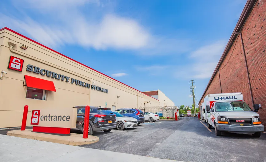 Street view of the main office and customer parking at a secure self storage facility