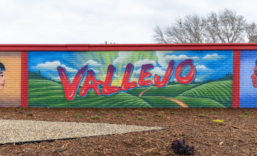Vallejo mural featuring the city name with landscape artwork near Security Public Storage on Sonoma Blvd