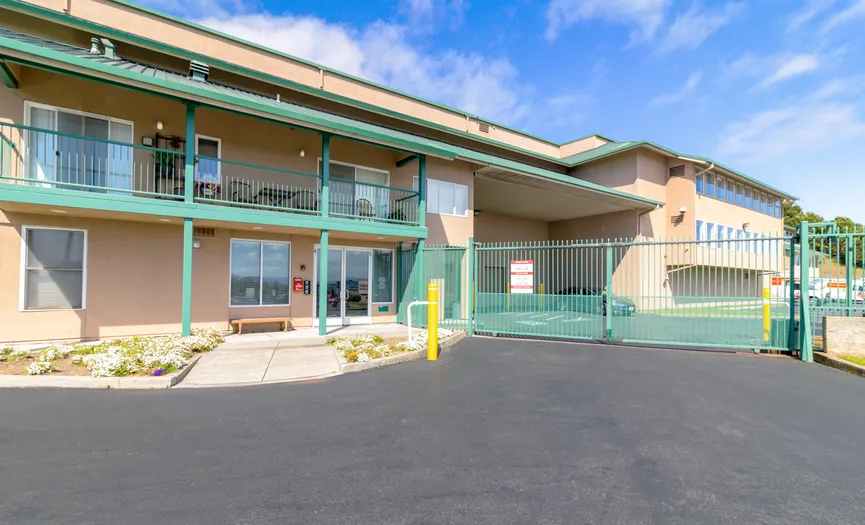 Front office and electronic gate at Security Public Storage near Mission Street in the Bayshore area of Daly City