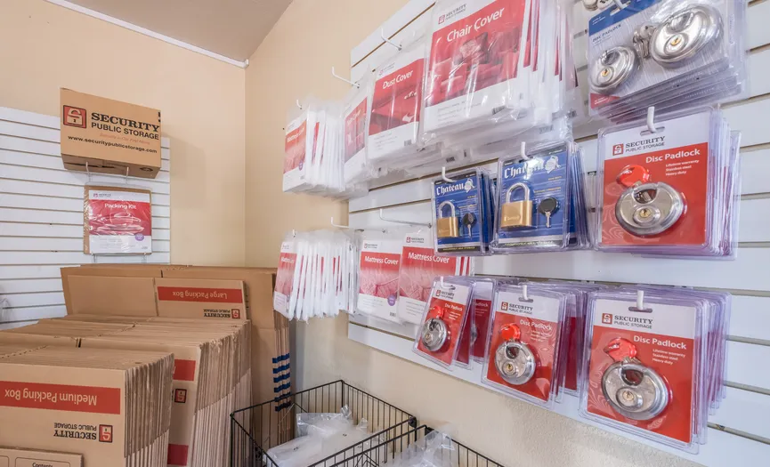 Boxes, locks, and moving supplies available for purchase at our East Roseville storage facility