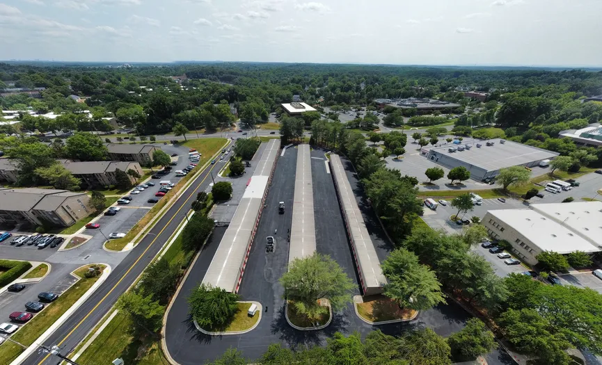 Aerial view of a secure self storage facility in Gaithersburg at Metropolitan Grove near I-270