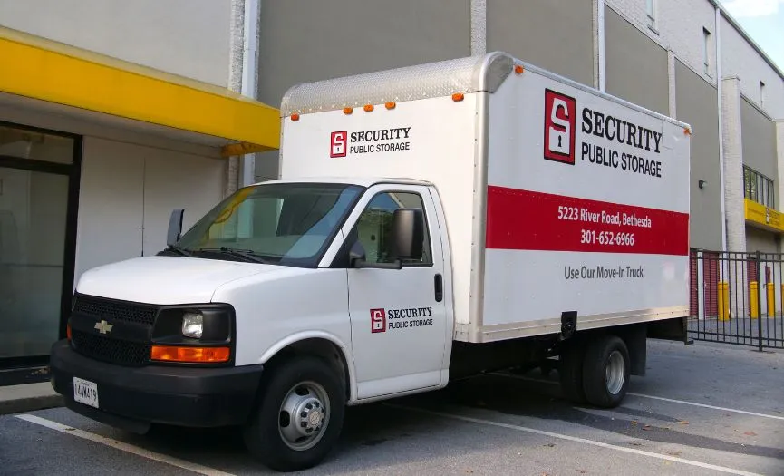 Free move-in truck available for customers at Security Public Storage, a convenient self storage facility in Bethesda MD