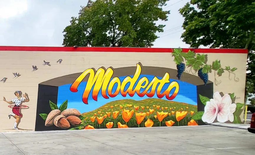 Modesto mural featuring the city name and local artwork near Security Public Storage in Modesto, CA
