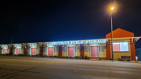 night time exterior lights at storage facility in san pablo