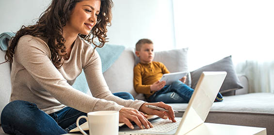 woman and child working from home